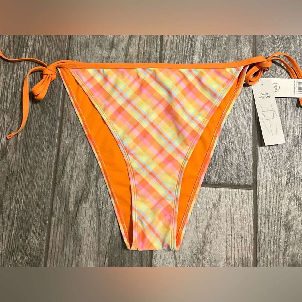 New Nobo, No Boundaries Cheeky High Leg Swim Bottom Size XL Multicolor Plaid